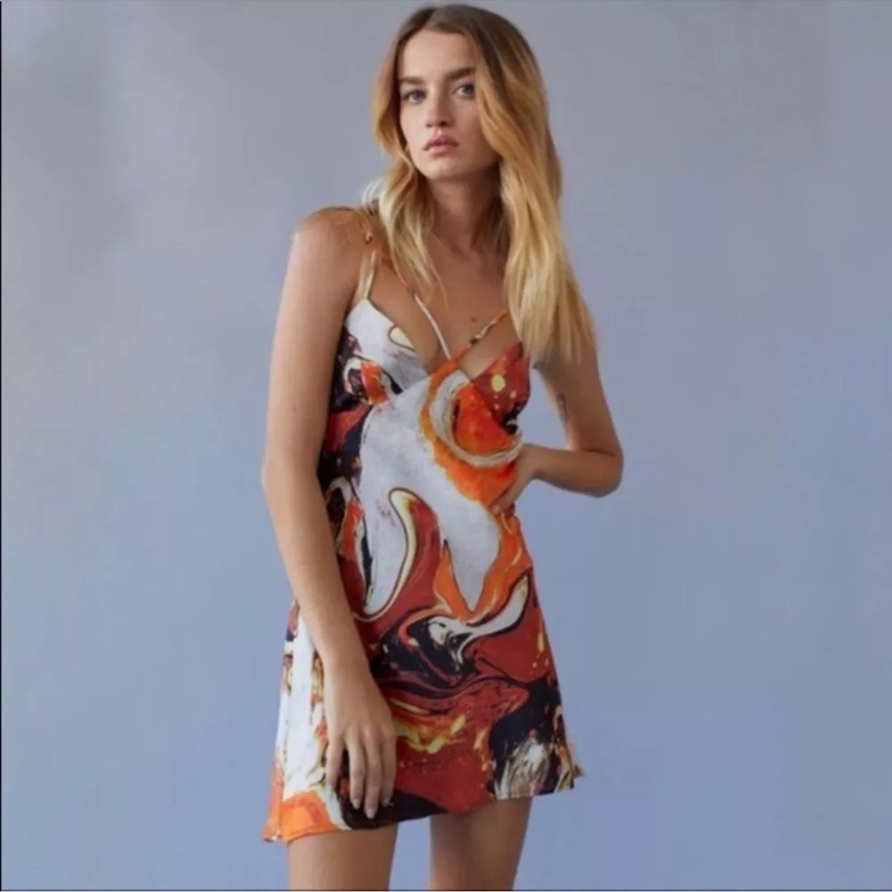 Urban Outfitters Silky Satin Strappy Cut Out Dress Warm Toned Marble (Size SP)